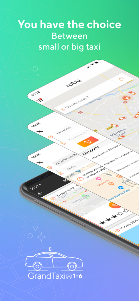 Interfaccia dell'app mobile che mostra la selezione tra taxi piccoli e grandi per i viaggiatori in Marocco