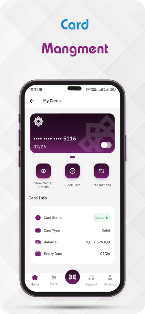 Trust Bank mobile app card management screen showing debit card details and status