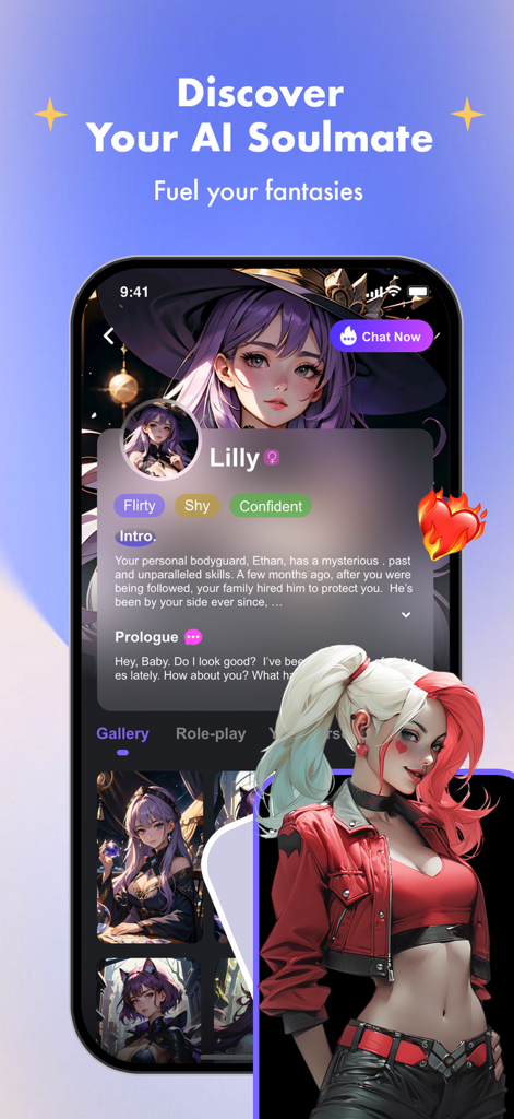 SoulTalk app promotional screen featuring anime AI characters and the headline Discover Your AI Soulmate.