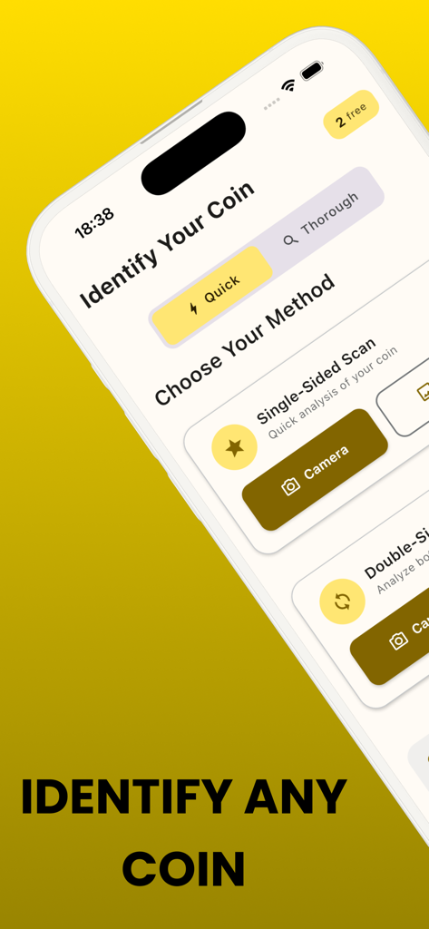 Coin identifier: CoinDetect - CoinDetect App-Bildschirm mit Optionen zur Identifizierung jeder Münze per Kamera-Scan