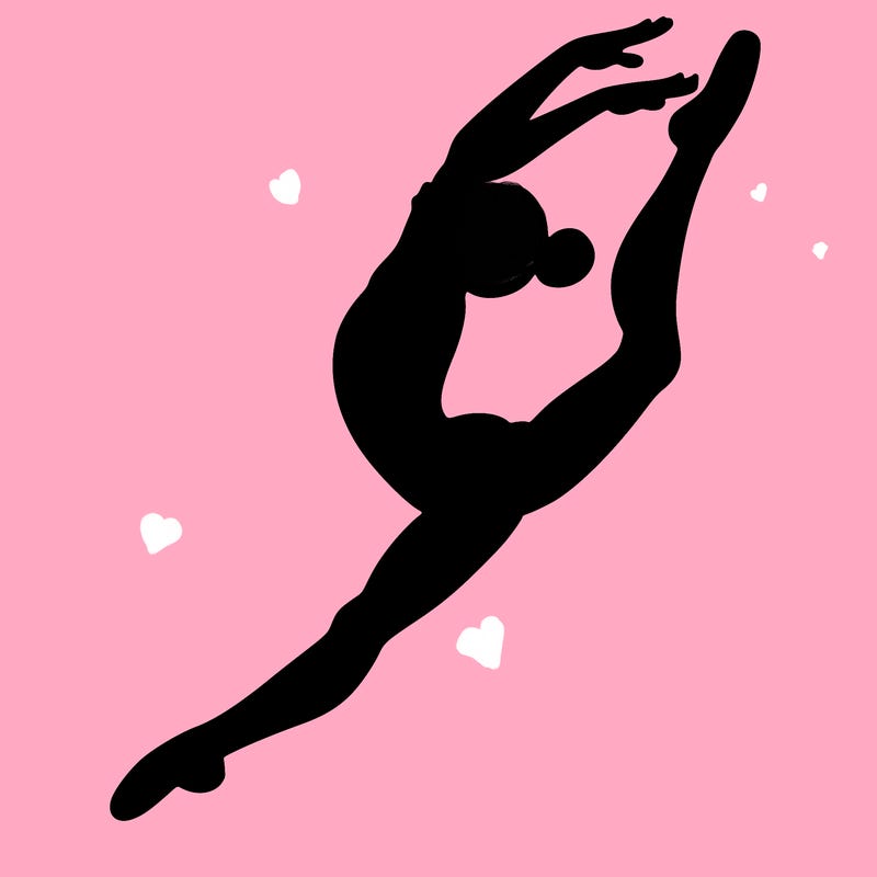 gymnast doing a leap in a leotard with a bent back leg