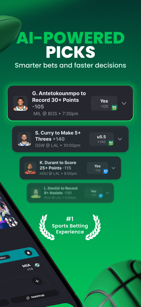 NBAプレーヤープロップのAI搭載スポーツベッティング予想を表示しているAction Networkアプリのインターフェース