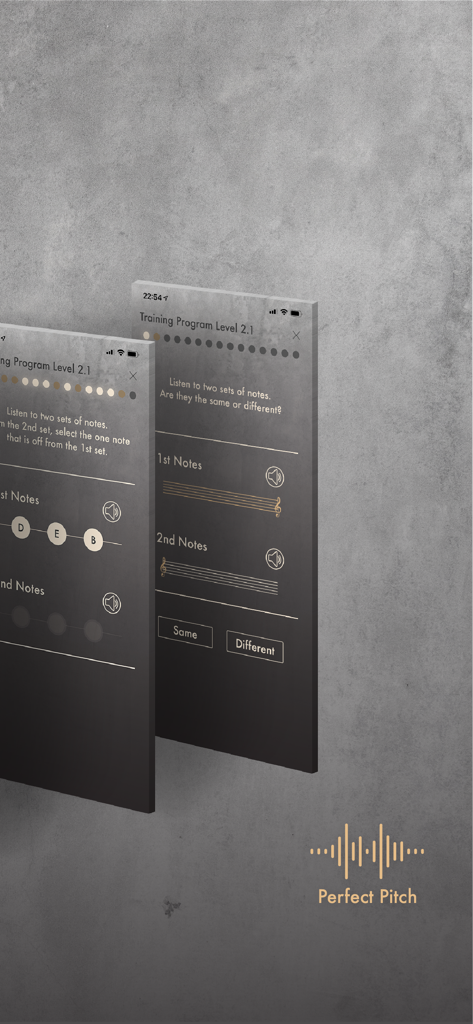 Écrans de l'application mobile montrant des exercices d'entraînement de l'oreille et des comparaisons de notes de musique dans l'application Perfect Pitch.