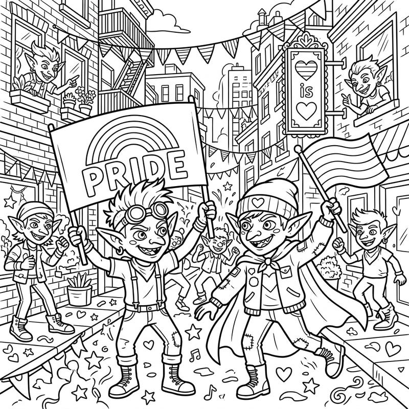Dive into a world of whimsy and celebration with this festive City Goblins Pride coloring page. Join a lively parade of mischievous goblins spreading joy and color through their urban world.