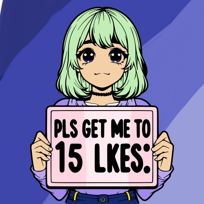 realistic girl holding up a sign that says “pls get me to 15 likes!”