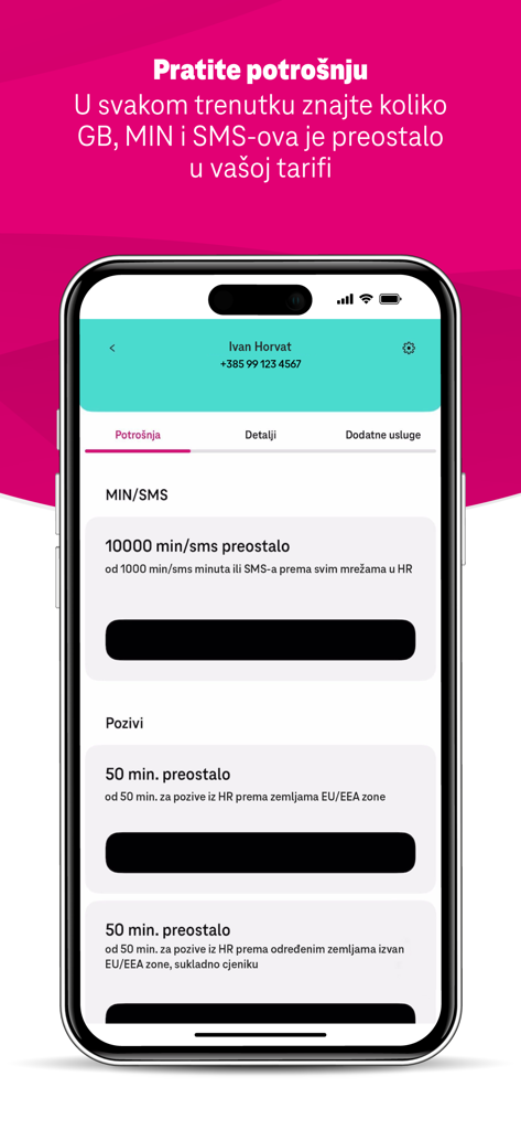 Telekom ME - Telekom ME app screen displaying remaining minutes and SMS consumption for a mobile plan