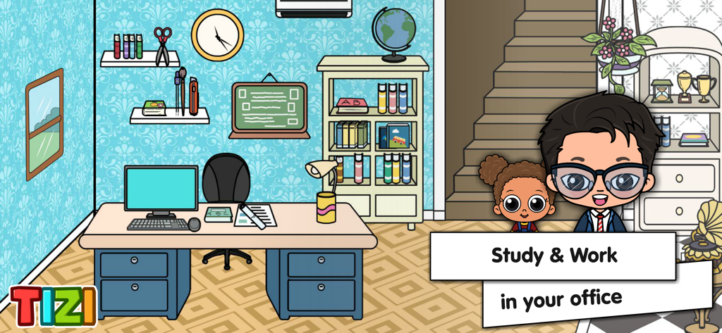 A cartoon home office scene in Tizi Town My Mansion Games featuring a computer desk, bookshelf, and two characters