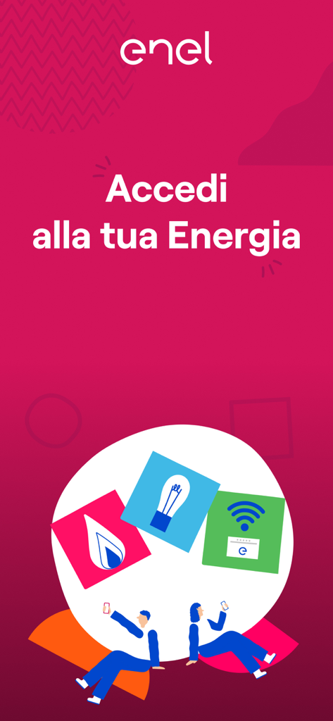 Enel Energia - Pantalla de bienvenida de la aplicación Enel Energia con iconos para servicios de gas, electricidad y fibra