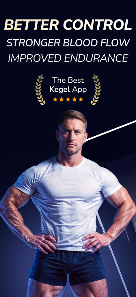 Ein fitter Mann zeigt die Vorteile der Kegel Men Gesundheits-App, einschließlich besserer Kontrolle und Ausdauer