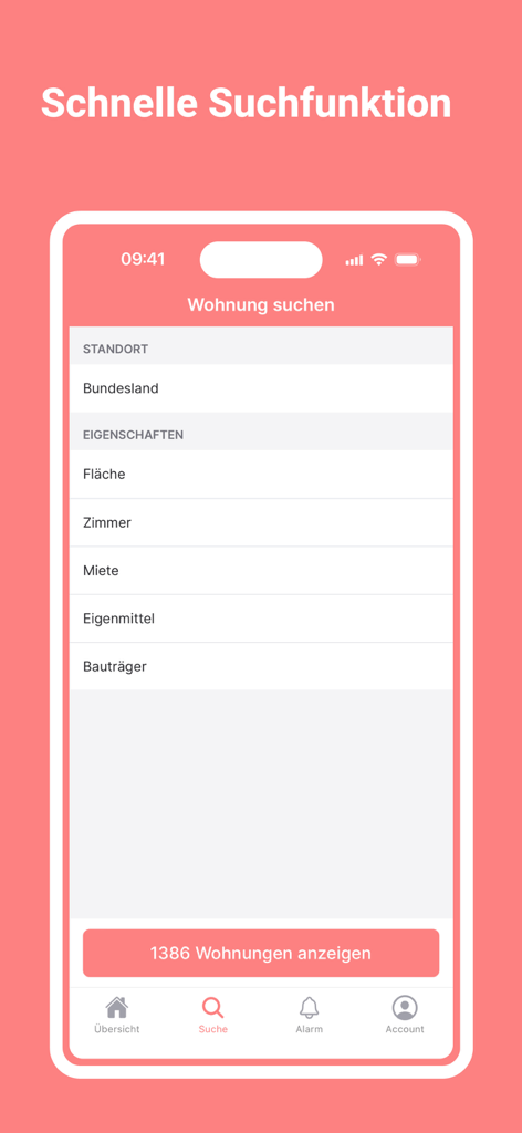 MyGEWO - Schermata di un'app mobile che mostra vari filtri di ricerca per trovare appartamenti sovvenzionati come posizione, dimensioni e affitto.