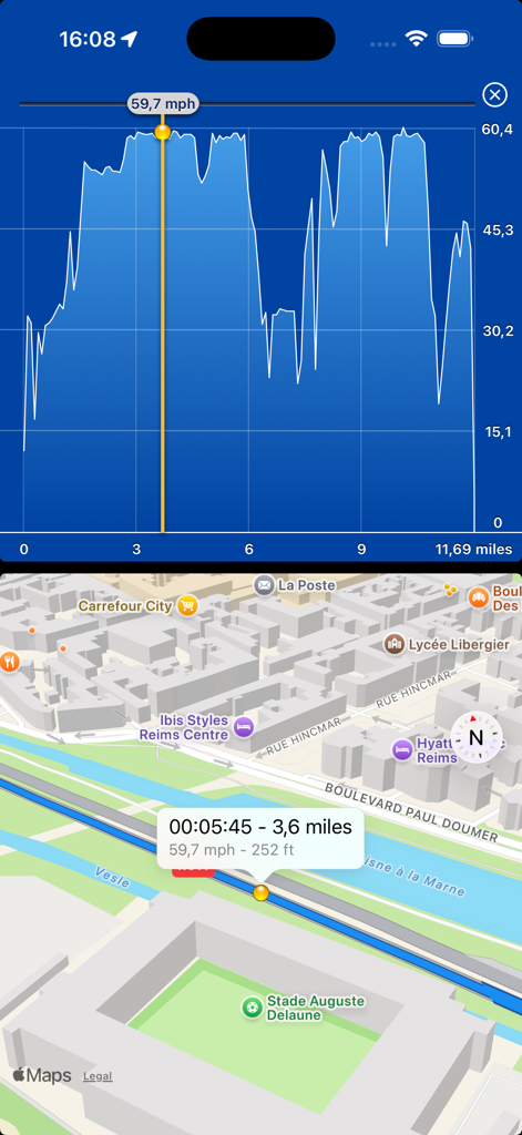 MapPath Pro - Vista de pantalla dividida de MapPath Pro mostrando un gráfico de velocidad detallado en la parte superior y una ruta GPS 3D correspondiente en un mapa de ciudad debajo.