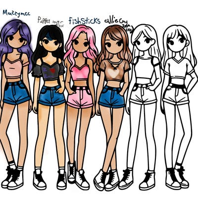 a group of girls wearing crop tops and shorts