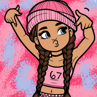 realistic teenage girl with braids and a beanie and crop top doing 🫶🏼