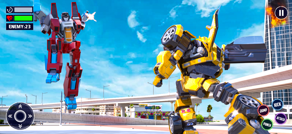 Robot Transform 3d War Games - Two giant robots fighting in a 3D city environment with mobile game controls displayed