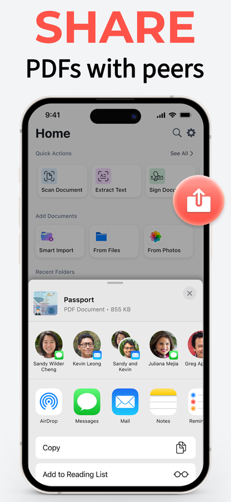 DocScan – PDF Document Scanner - DocScan app interface showing the iOS share sheet to send a scanned PDF passport to contacts