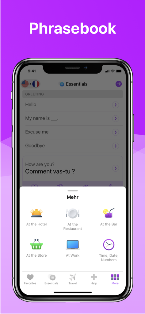 Pantalla del libro de frases de la aplicación iTranslate Voice mostrando categorías de viajes y negocios como hotel y restaurante.