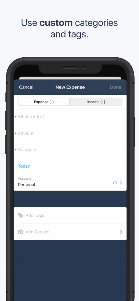 Slope - Finance Tracker - Smartphone screen displaying the new expense entry interface in Slope Finance Tracker with options for categories tags and receipts