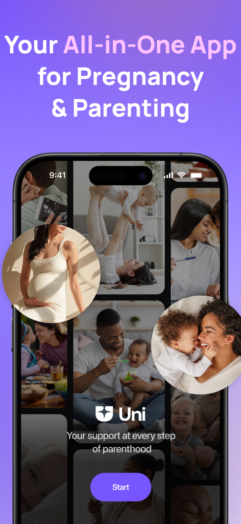 Uni - Pregnancy + Baby Growth - Uni app home screen showcasing all-in-one support for pregnancy and parenting with family photos