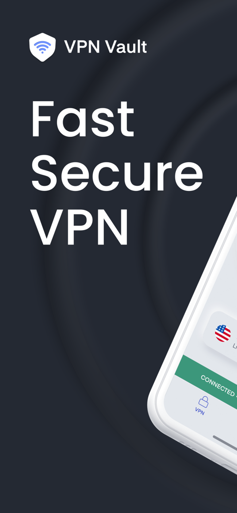 VPN Vault - Super Proxy App - VPN Vault app on iPhone displaying fast secure connection to a US server.