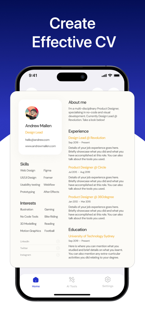 AI Resume Master - CV Builder - A professional resume template for a design lead displayed on a mobile app interface