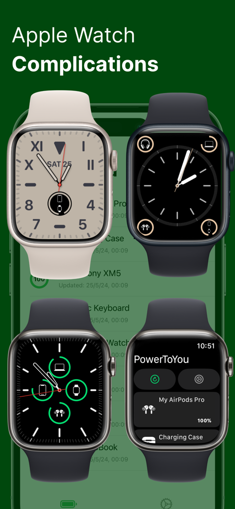 Battery Widget: PowerToYou - Several Apple Watch faces showing PowerToYou battery level complications for various connected devices.