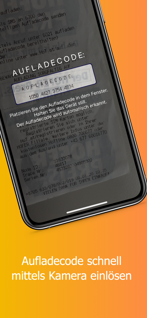 Mein HoT app scanning a top-up code from a receipt using the smartphone camera