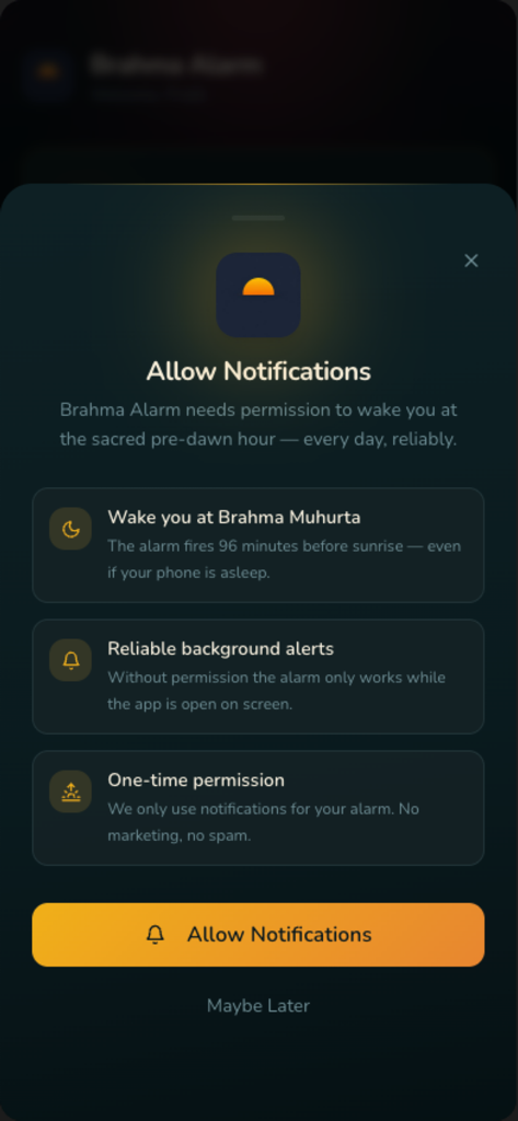 Brahma Alarm - Brahma Alarmアプリの通知許可リクエスト画面。
