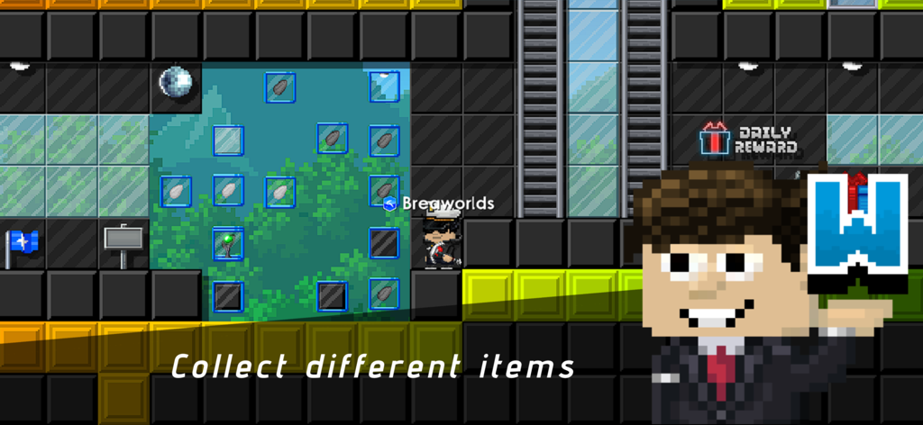 Pixel art character next to a collection of items in Breaworlds