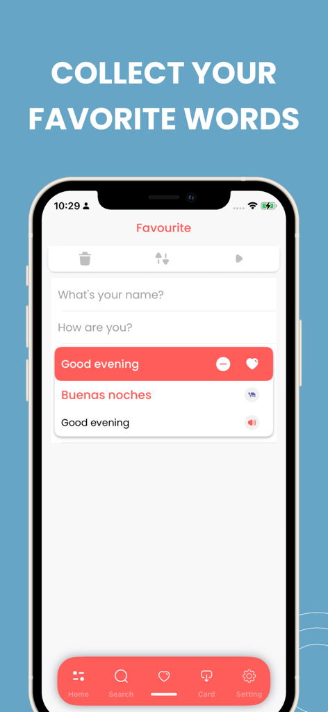 Learn Spanish (Latin American) - Mobile app interface showing a list of saved favorite Spanish phrases with their translations