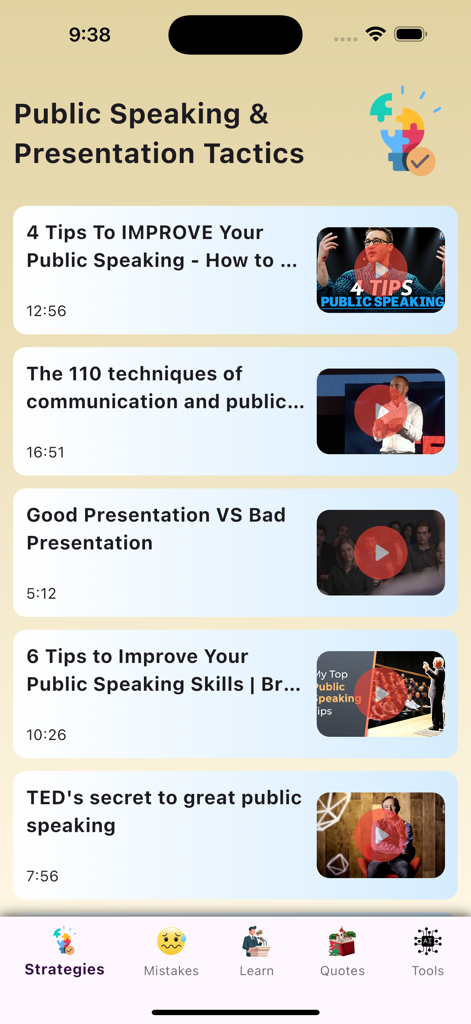 A list of video tutorials for public speaking and presentation tactics in the app.