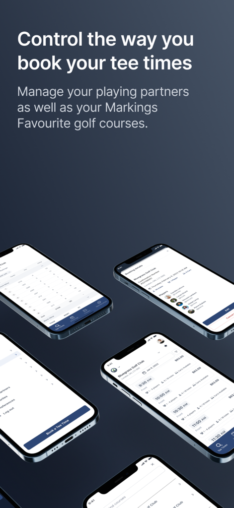Multiple iPhone screens displaying the Tee On golf app for booking tee times and managing playing partners.