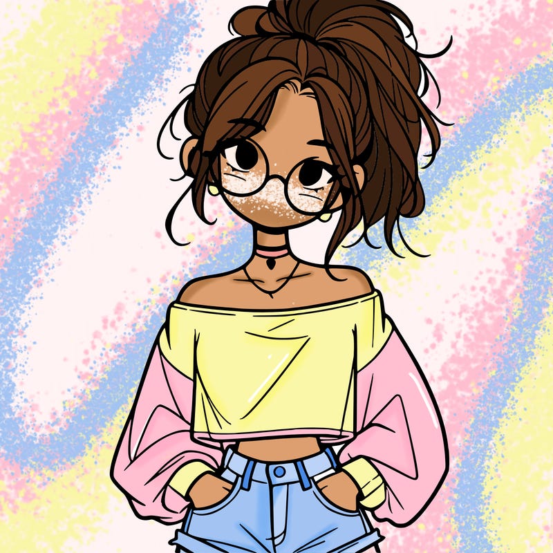 girl with a messy ponytail glasses a baggy crop top and jean shorts