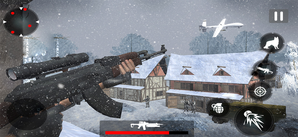 First person shooter gameplay in a snowy village with a rifle and drone