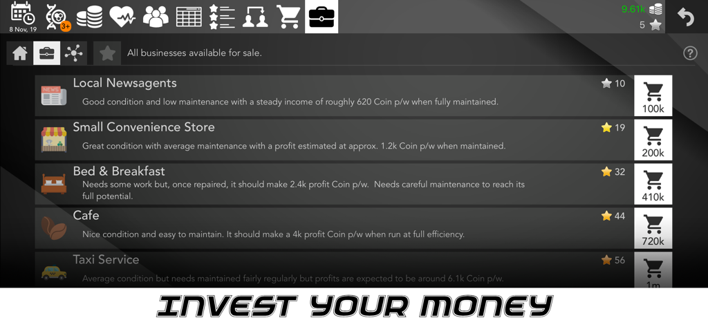 A menu in Basketball Superstar showing various business investment opportunities like newsagents and cafes to grow player wealth