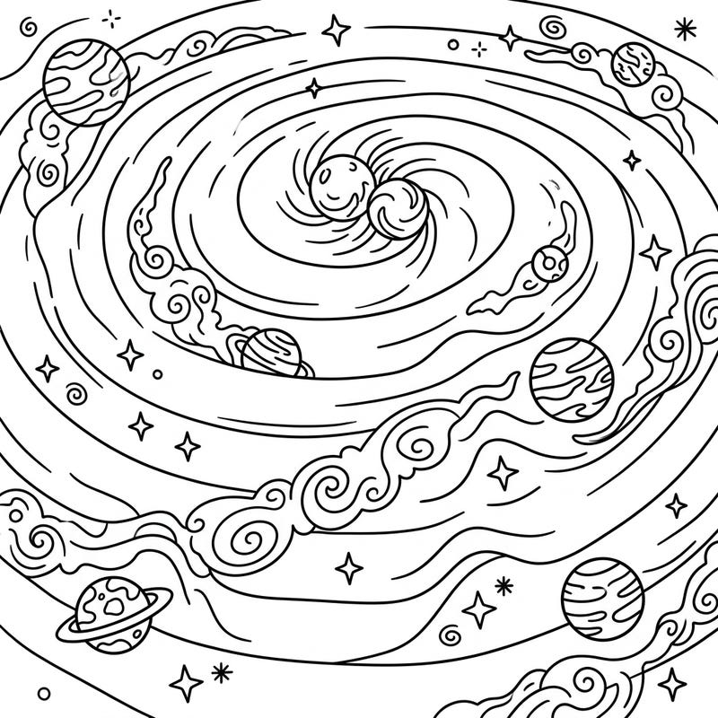 Dive into the marvels of the universe with our exciting gravitational waves coloring page, specially designed for young explorers. This engaging illustration features playful cosmic ripples, planets, and twinkling stars, perfect for inspiring curiosity about space.