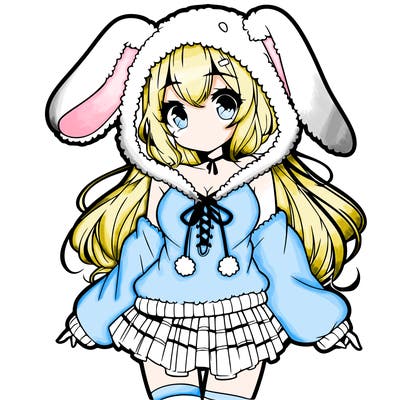 pretty anime girl wearing a fluffy hoodie with bunny ears on the hood and a skirt