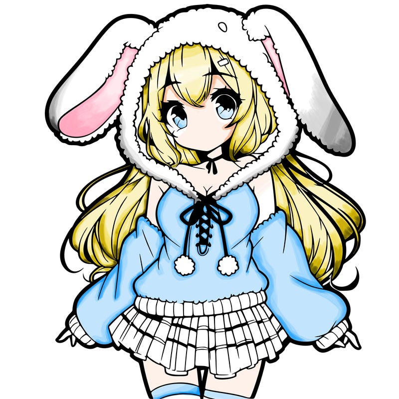 pretty anime girl wearing a fluffy hoodie with bunny ears on the hood and a skirt