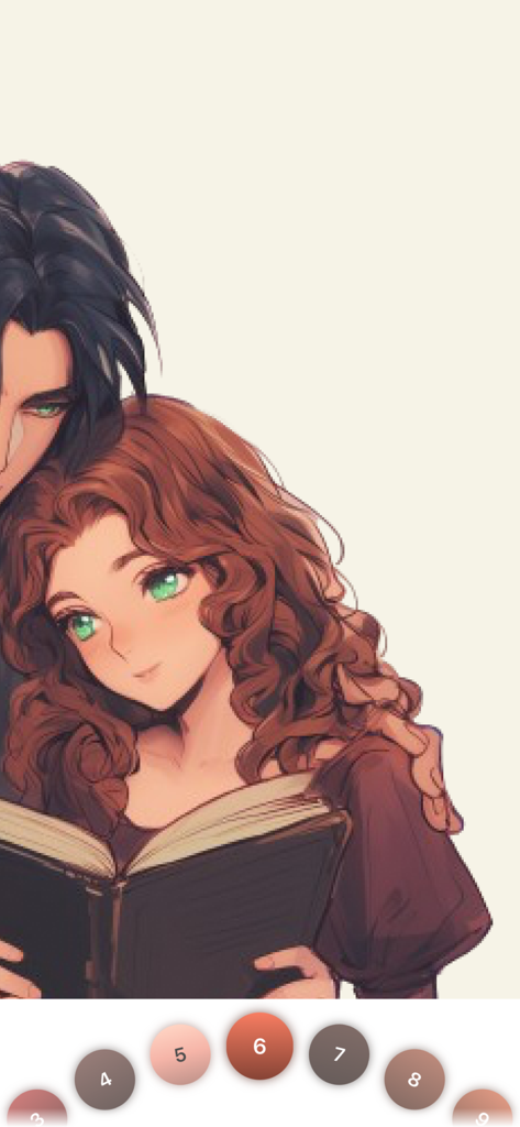 Fun Color - Color by Number - Digital coloring page featuring an anime couple reading a book with numbered color palettes at the bottom.