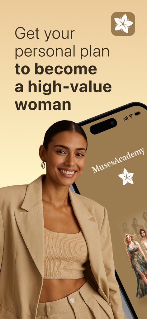 MusesAcademy: Daily Growth - A smiling woman in a tan blazer next to a smartphone displaying the MusesAcademy app with text about becoming a high value woman.