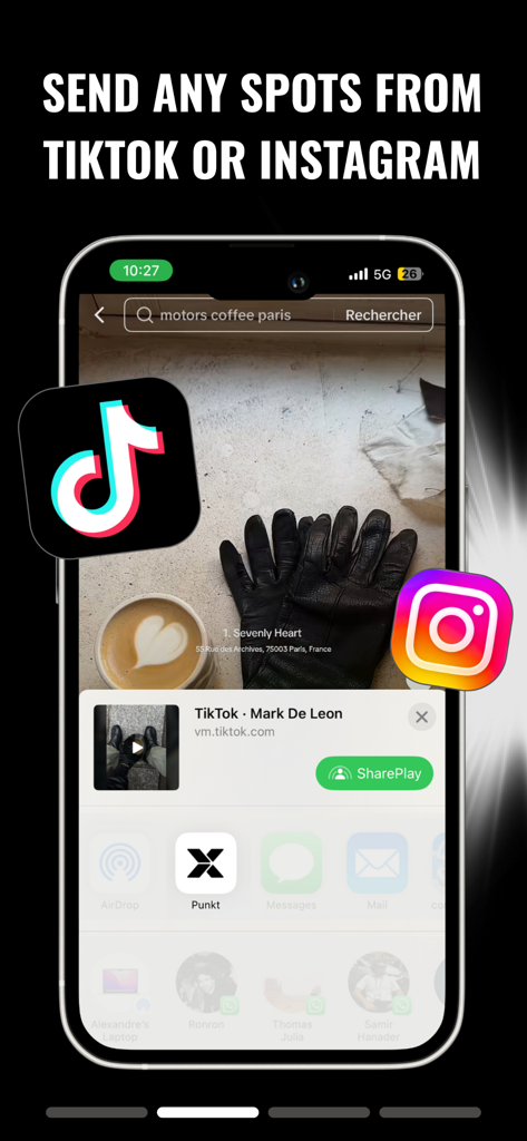 Punkt AI - Punkt AI app interface showing how to save locations from TikTok and Instagram videos to a personal map