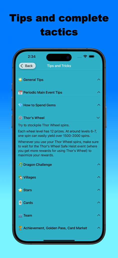 Master of spin and coin - Mobile app screen displaying pro tips and strategic tactics for Coin Master including advice for Thor's Wheel and village building.