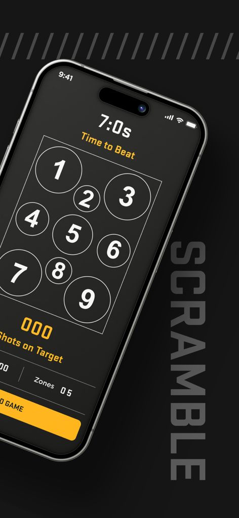 SIG CONNECT - SIG CONNECT app screen showing the Scramble live fire shooting game with a numbered target grid.