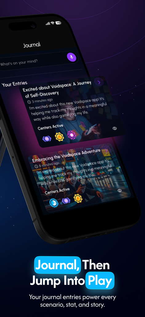 Voidspace AI - Voidspace AI app screen showing journal entries that power AI generated stories and scenarios