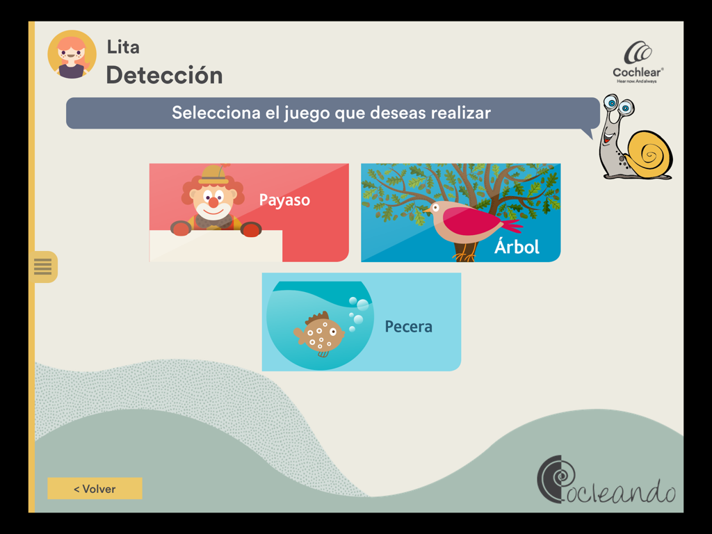 Pantalla de selección de juegos de detección auditiva de la aplicación Cocleando en español para niños.