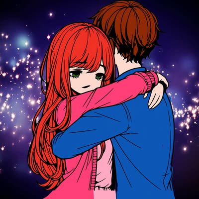 a girl and a boy hugging realistic