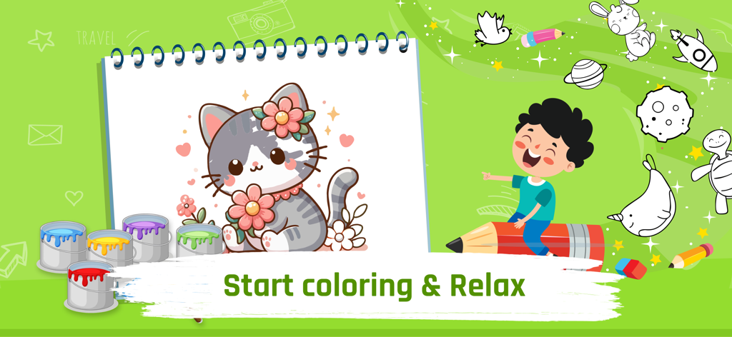 Art Coloring Book: Magic Color - 귀여운 고양이 그림과 '컬러링 시작' 및 '휴식' 텍스트가 있는 물감 통이 있는 디지털 컬러링 북 인터페이스