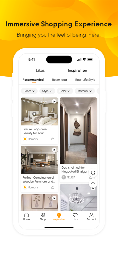 Homary - Homary mobile app inspiration page displaying various room designs and furniture ideas