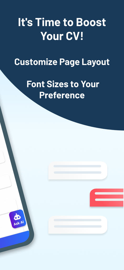 Boost CV & AI Resume Builder - App screen for Boost CV and AI Resume Builder showing resume layout and font size customization features.