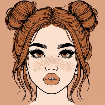 realistic girl with two buns on her hair and lips