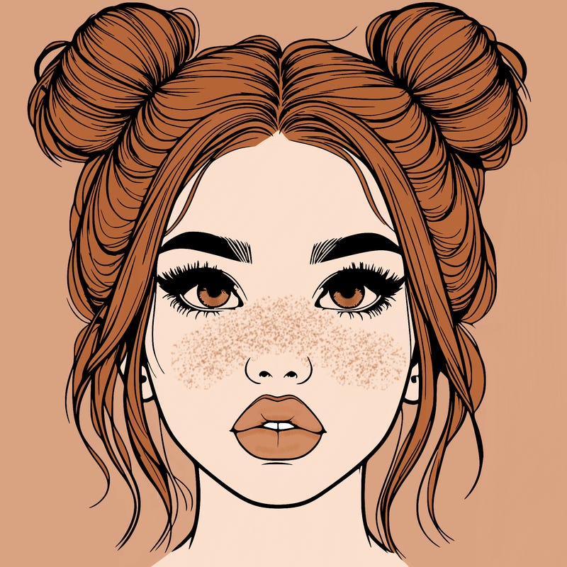realistic girl with two buns on her hair and lips